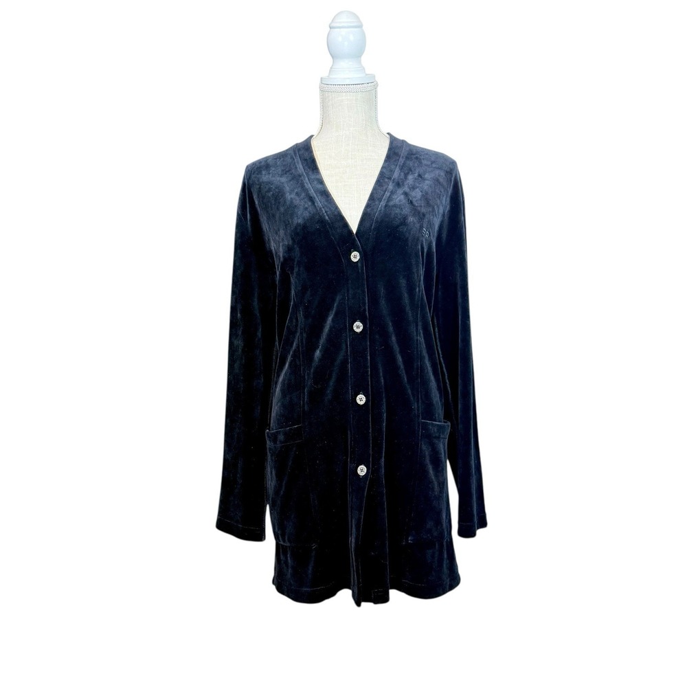 VTG Sonia Rykiel Velvet Black Cardigan Embossed‎ Button Front Sz XL Made In FR